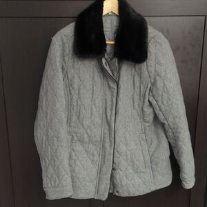 Women's Alfred Sung Wool Blend Women's Gray Quilted Jacket with Faux Fur - Large